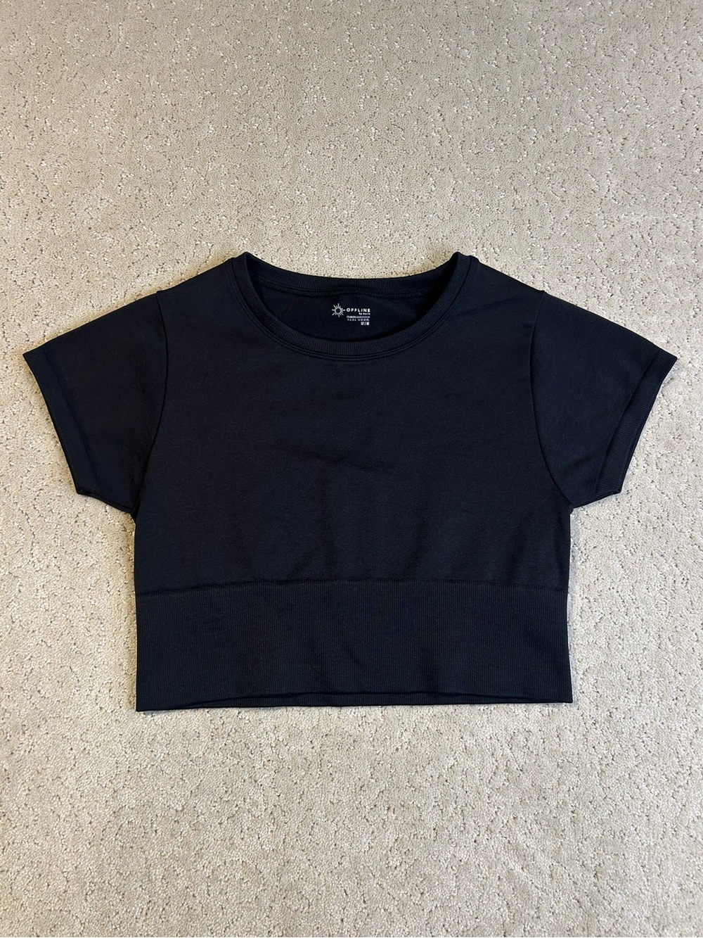 Offline by Aerie Real Good Seamless Crop Top Black Crew Neck Short Sleeve Medium